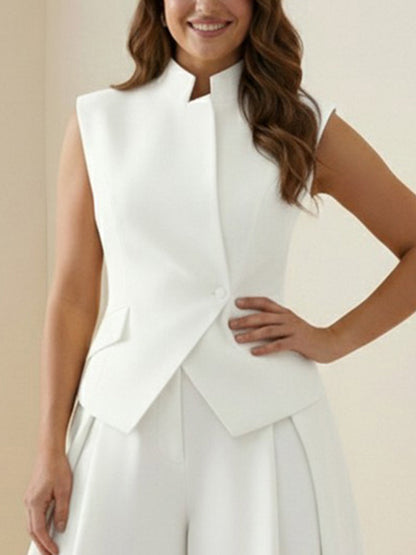 Elasticated Waist High Waisted Asymmetric Buttoned Solid Color Split-Joint Stand Collar Tank Top