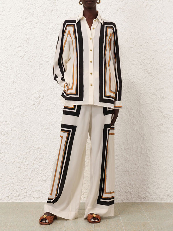 Loose Wide Leg Plaid Striped Tied Waist Casual Pants Bottoms Trousers