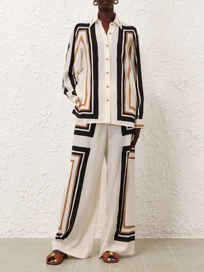 Loose Wide Leg Plaid Striped Tied Waist Casual Pants Bottoms Trousers