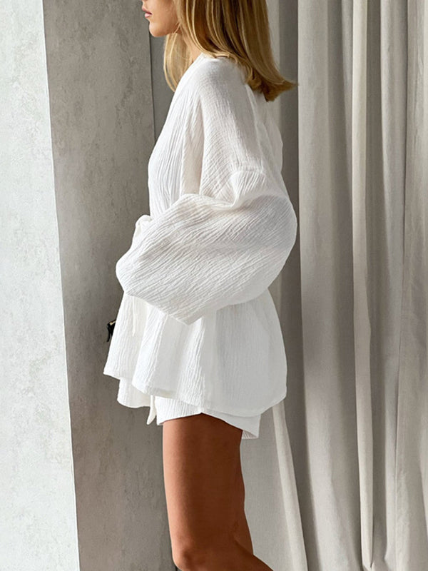 Long Sleeves Elasticity Solid Color Tied Waist V-Neck Blouses Tops + High Waisted Shorts Bottom Two Pieces Set