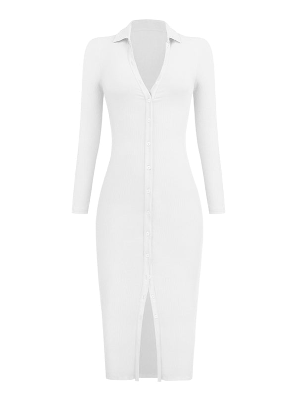 High Waisted Long Sleeves Buttoned Solid Color Lapel Midi Dresses