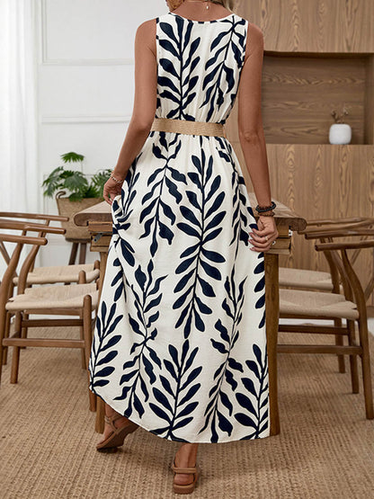 High Waisted Sleeveless Belt Buckle Buttoned Contrast Color Leaves Print V-Neck Maxi Dresses