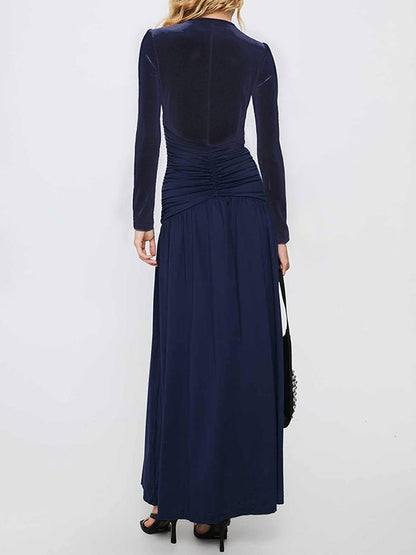 A-Line Bodycon Pleated Solid Color Split-Joint Split-Side Deep V-Neck Maxi Dresses