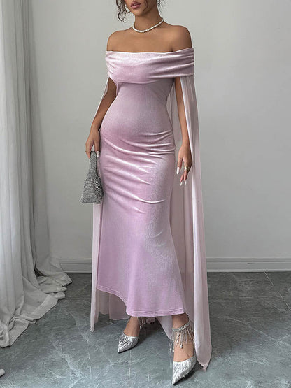 Bodycon Cape Solid Color Velvet Off-the-shoulder Midi Dresses