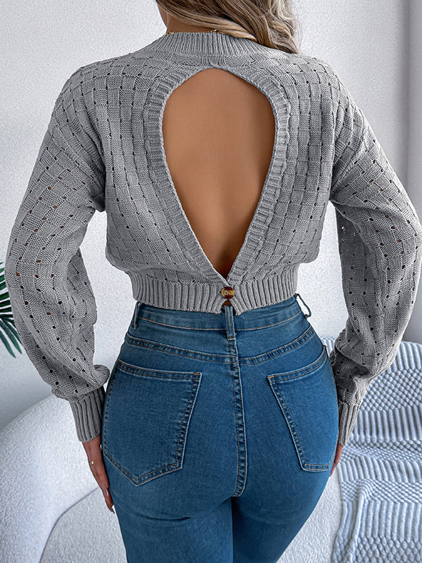 Long Sleeves Loose Backless Buttoned Hollow Solid Color Split-Joint Round-Neck Pullovers Sweater Tops