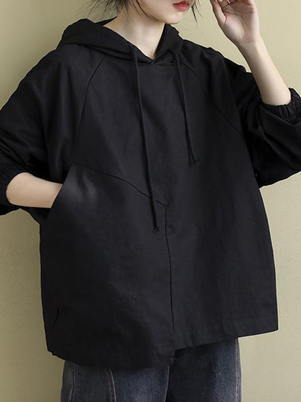 Artistic Retro Solid Color Split-Joint Hooded Long Sleeves Hoodies