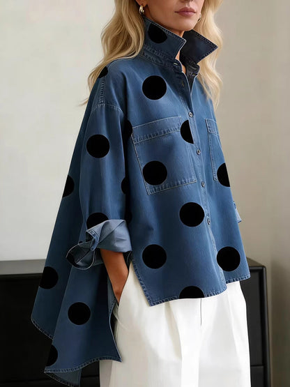High-Low Irregularity Buttoned Contrast Color Pockets Polka-Dot Split-Joint Split-Side Stand Collar Blouses&Shirts Tops