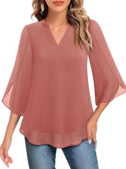 Half Sleeves Loose Solid Color V-Neck Blouses&Shirts Tops