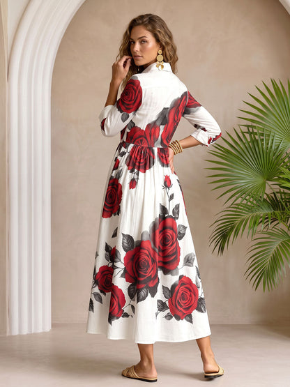 Split-Joint Pockets Pleated Flower Print Contrast Color Buttoned Three-quarter Sleeves Loose Lapel Shirt Dress Maxi Dresses