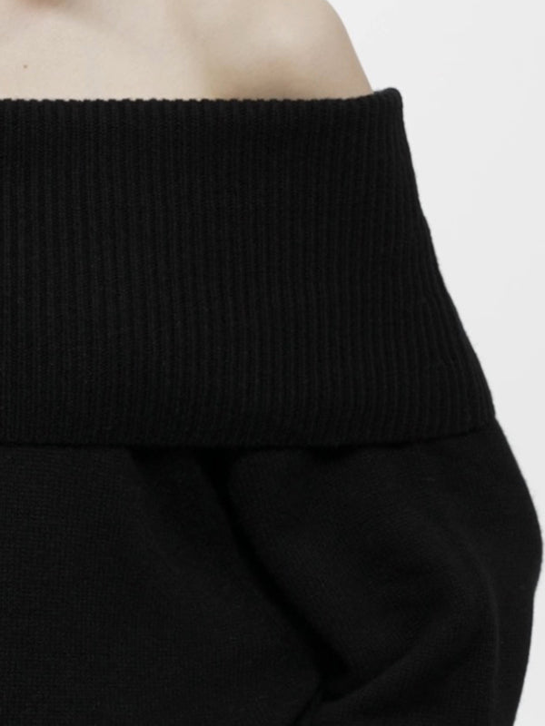 Long Sleeves Loose Solid Color Off-The-Shoulder Sweater Tops