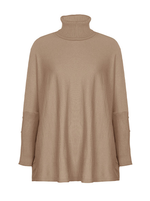 Batwing Sleeves Long Sleeves Buttoned Solid Color Split-Joint High Neck Pullovers Sweater Tops