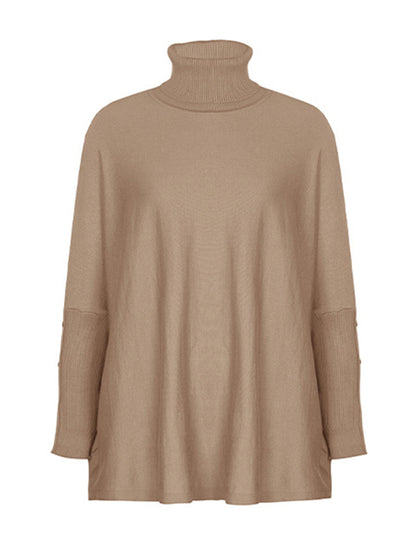 Batwing Sleeves Long Sleeves Buttoned Solid Color Split-Joint High Neck Pullovers Sweater Tops