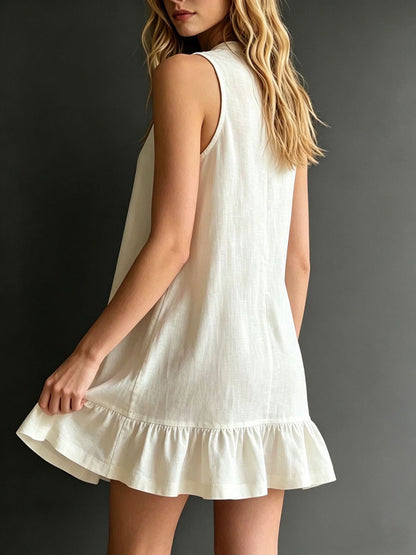 A-Line Loose Buttoned Pleated Solid Color Round-Neck Mini Dresses