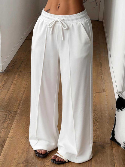 Solid Color Pockets Elasticity Drawstring Wide Leg Loose Trousers Pants