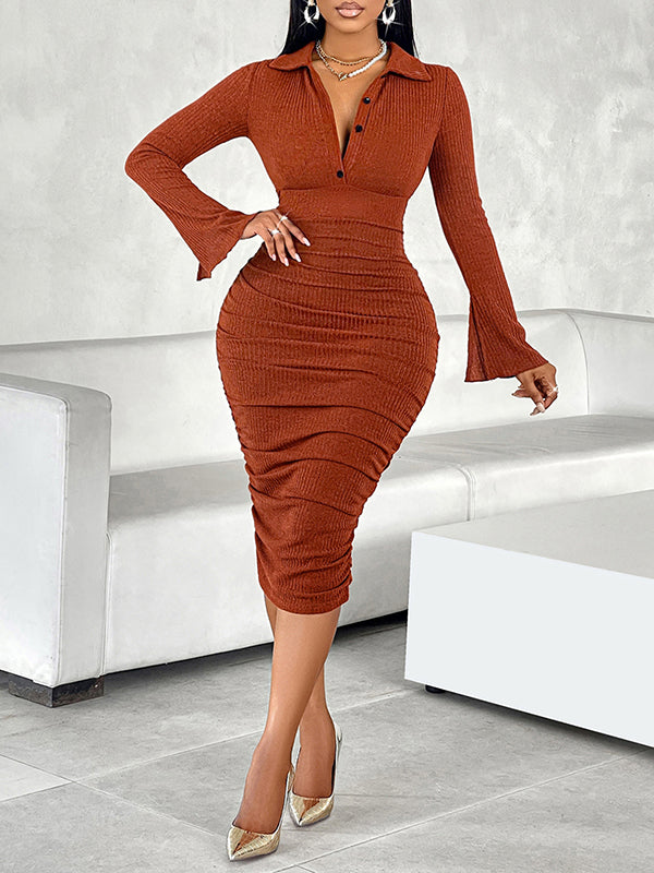 Bodycon Long Sleeves Buttoned Pleated Solid Color Split-Joint Lapel Midi Dresses
