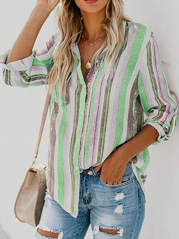 High-Low Long Sleeves Buttoned Pockets Striped Lapel Blouses&Shirts Tops