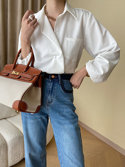 Bishop Sleeve Long Sleeves Buttoned Pockets Solid Color Split-Joint Polo Blouses&Shirts Tops