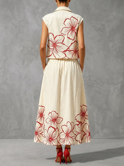 High Waisted Contrast Color Floral Printed Pleated Pockets Skirts Bottoms