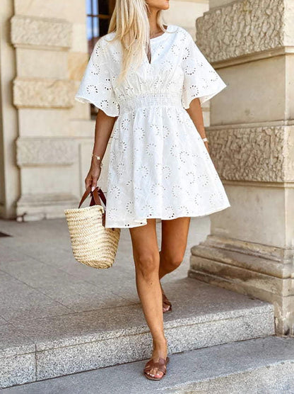 A-line High Waisted Elasticity Hollow Solid Color V-neck Mini Dresses