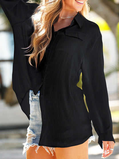 Long Sleeves Loose See-Through Solid Color Split-Joint Lapel Blouses&Shirts Tops