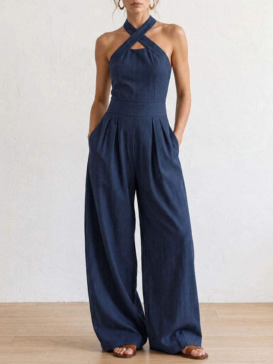 High Waisted Plus Size Pleated Pockets Solid Color Halter-Neck Jumpsuits