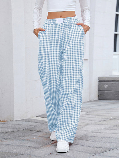 Elasticated Waist High Waisted Contrast Color Plaid Pockets Split-Joint Pants Trousers