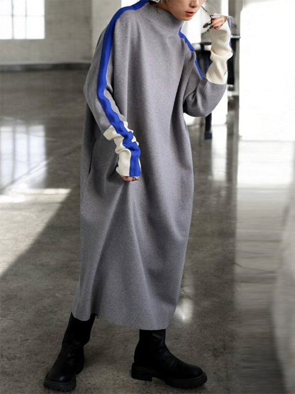 Long Sleeves Loose Contrast Color Stand Collar Maxi Dresses