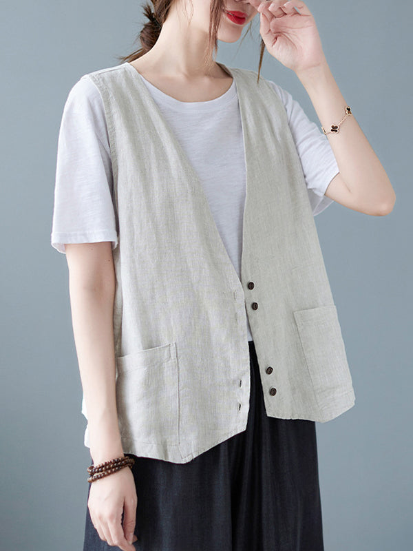 Simple Loose V-Neck Solid Color Vest