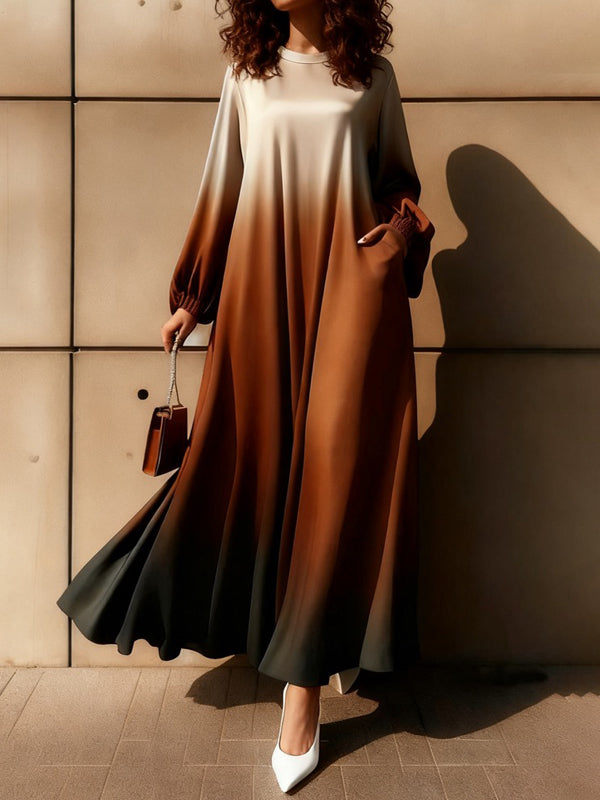 A-Line Long Sleeves Elasticity Gradient Pockets Round-Neck Maxi Dresses
