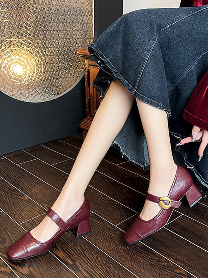 Belt Buckle Shallow Cut Split-Joint Square-Toe Pumps