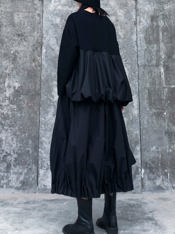 Solid Color Loose Long Sleeves Asymmetric Pleated Split-Joint Round-Neck Shirts Top +  Pants Bottom Two Pieces Set