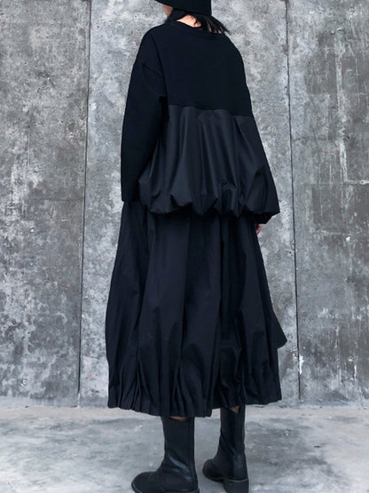 Solid Color Loose Long Sleeves Asymmetric Pleated Split-Joint Round-Neck Shirts Top +  Pants Bottom Two Pieces Set