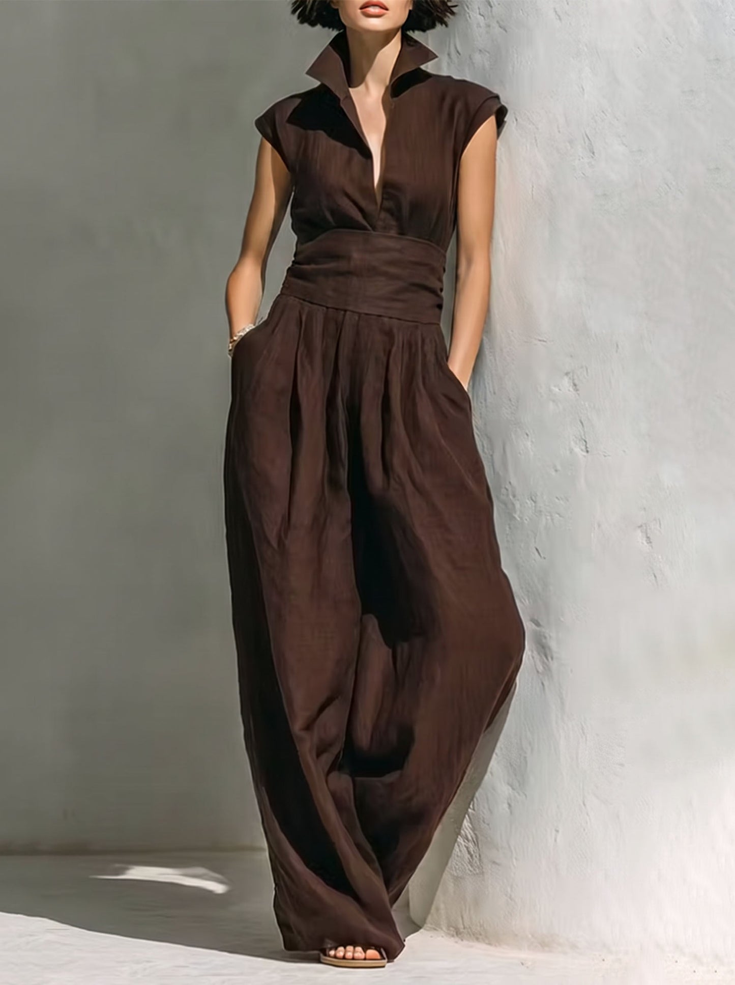 Zipper Solid Color Pockets Pleated Wide Leg High Waisted V-neck Jumpsuits