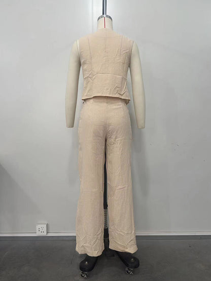 Loose Sleeveless Buttoned Solid Color V-Neck Vest Top + Split-Joint Pleated Pockets Pants Bottom Two Pieces Set