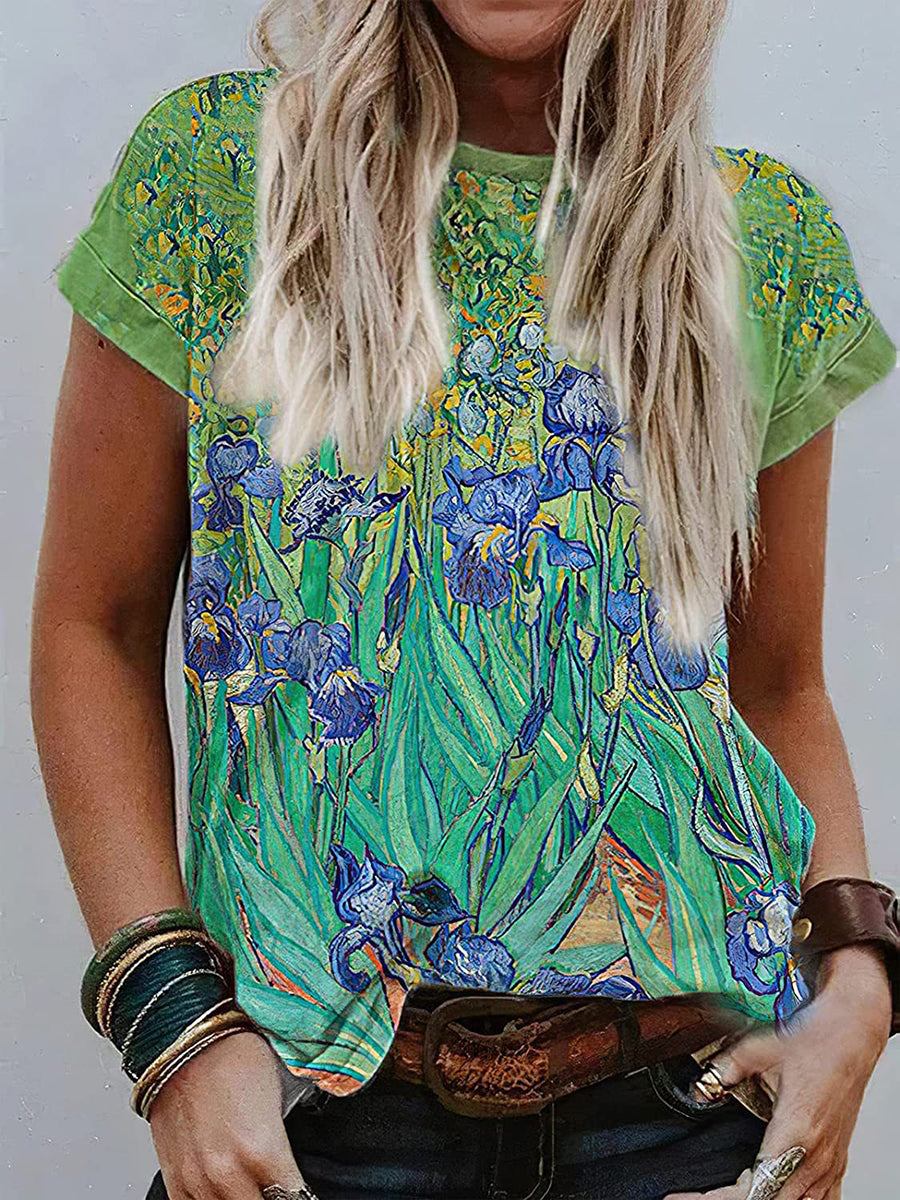 Loose Plus Size Contrast Color Printed Split-Joint Round-Neck T-Shirts Tops