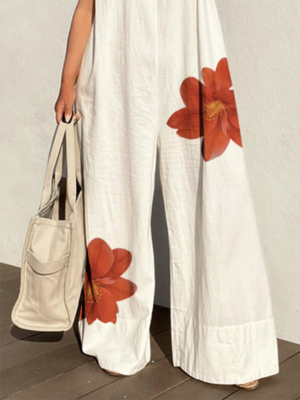 Loose Sleeveless Flower Print Round-Neck Jumpsuits
