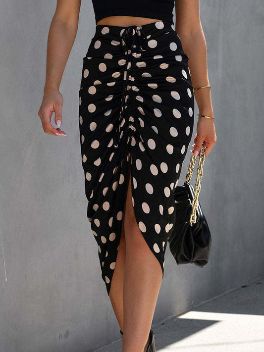 Bodycon High Waisted Drawstring Pleated Polka-Dot Split-Front Skirts Bottoms