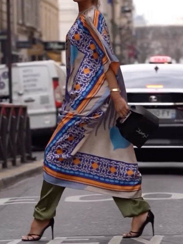 Batwing Sleeves Half Sleeves Contrast Color Printed One-shoulder Blouses&shirts Tops