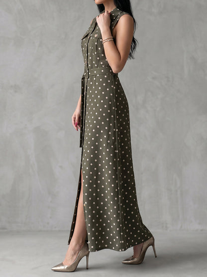 Sleeveless Belted Buttoned Contrast Color Pockets Polka Dot Split-Front Lapel Maxi Dresses Shirt Dress