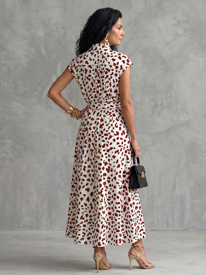 A-line Cap Sleeve Buttoned Leopard Printed Tied Waist Midi Dresses Shirt Dress