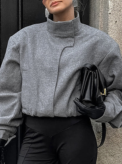 Long Sleeves Loose Elasticity Solid Color Stand Collar Woolen Coat