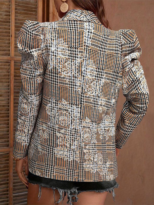 Loose Puff Sleeves Plaid Pleated Split-Joint Lapel Blazer Suits