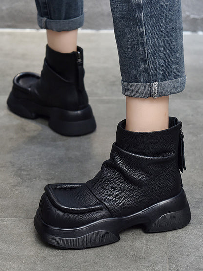 Platform Round-Toe Solid Color Zipper Boots