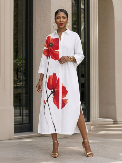 Split-side Pockets Flower Print Contrast Color Buttoned Three-quarter Sleeves Loose Lapel Shirt Dress Maxi Dresses