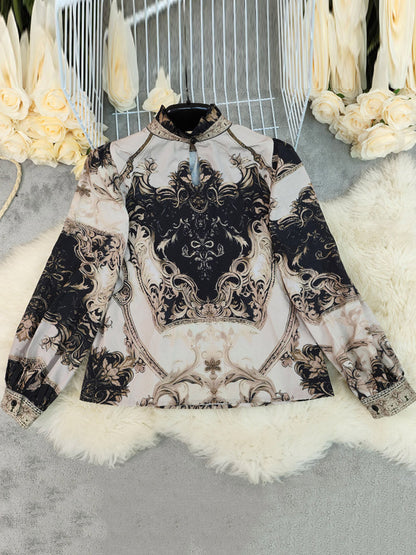 Long Sleeves Loose Contrast Color Pleated Printed Split-Joint Stand Collar Blouses&Shirts Tops