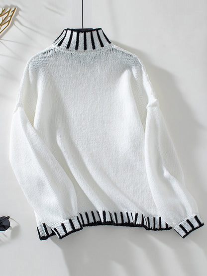 Long Sleeves Loose Contrast Color Split-Joint High Neck Pullovers Sweater Tops