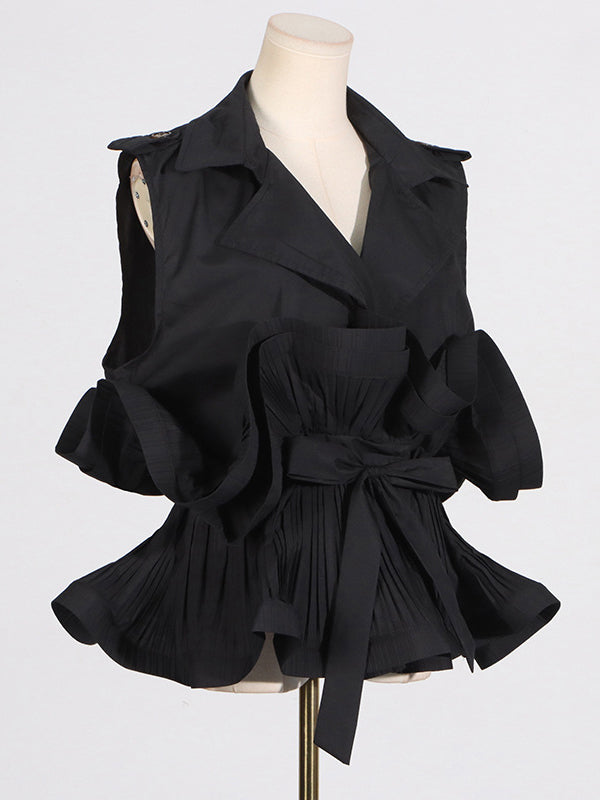 Loose Sleeveless Buttoned Pleated Ruffled Solid Color Tied Waist Notched Collar Blouses&Shirts Tops