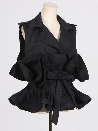Loose Sleeveless Buttoned Pleated Ruffled Solid Color Tied Waist Notched Collar Blouses&Shirts Tops