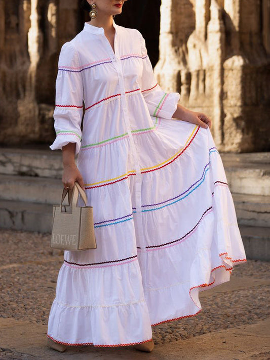 A-Line Long Sleeves Buttoned Contrast Color Elasticity Mock Neck Maxi Dresses