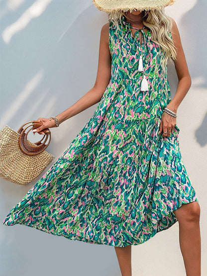 A-Line Loose Contrast Color Printed Split-Joint V-Neck Maxi Dresses